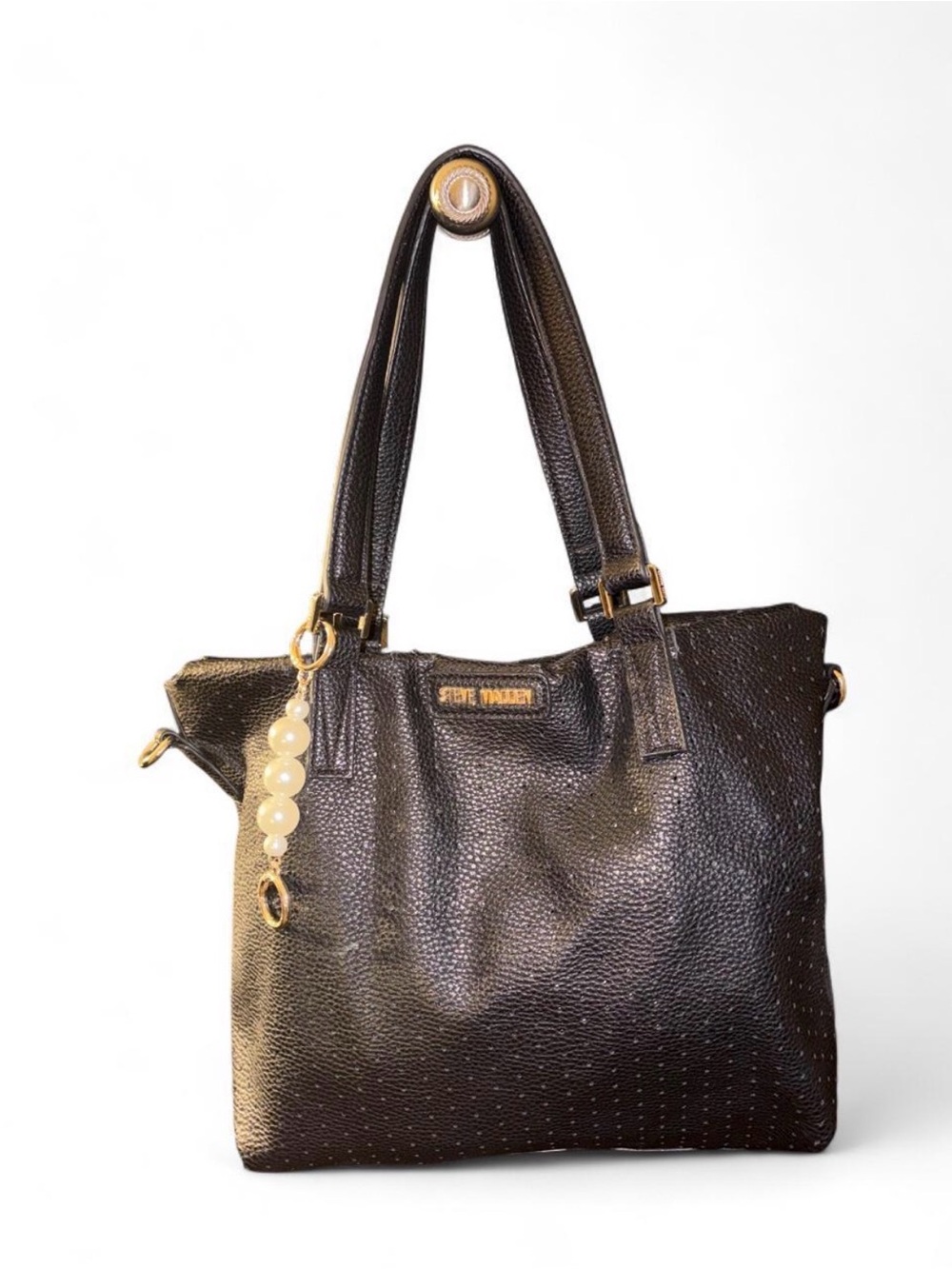 Steve Madden Black Leather Tote Bag with Pearl Charm